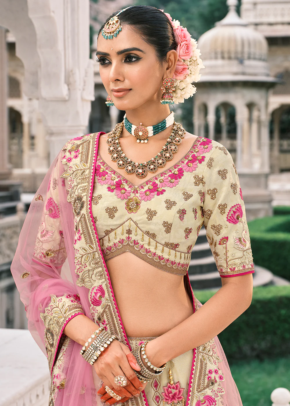 Designer Ivory Bridal Silk Lehenga Choli - Image 2