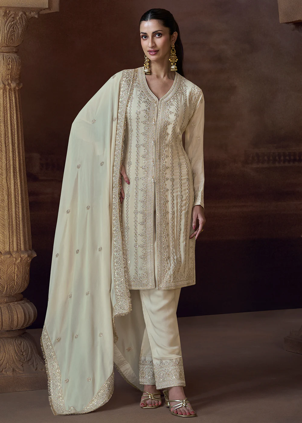 Designer Ivory Chinnon Embroidered Eid Style Salwar Suit