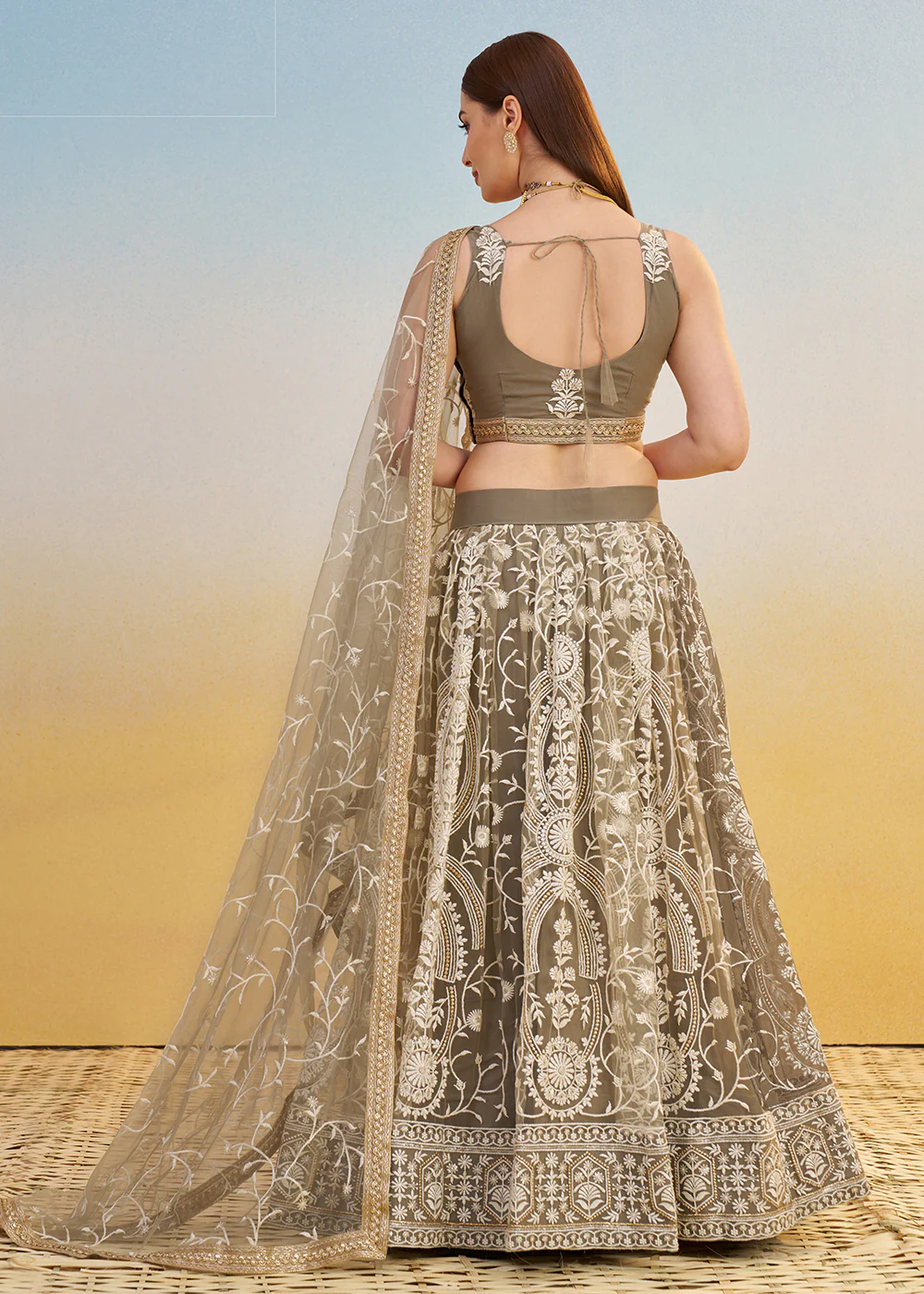 Designer Ivory Embroidered Wedding Party Lehenga Choli - Image 3