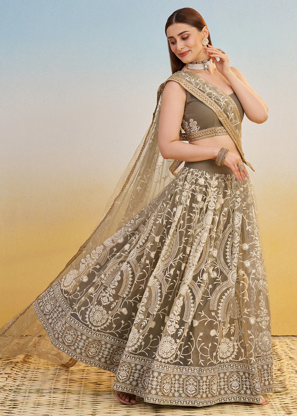 Designer Ivory Embroidered Wedding Party Lehenga Choli - Image 4