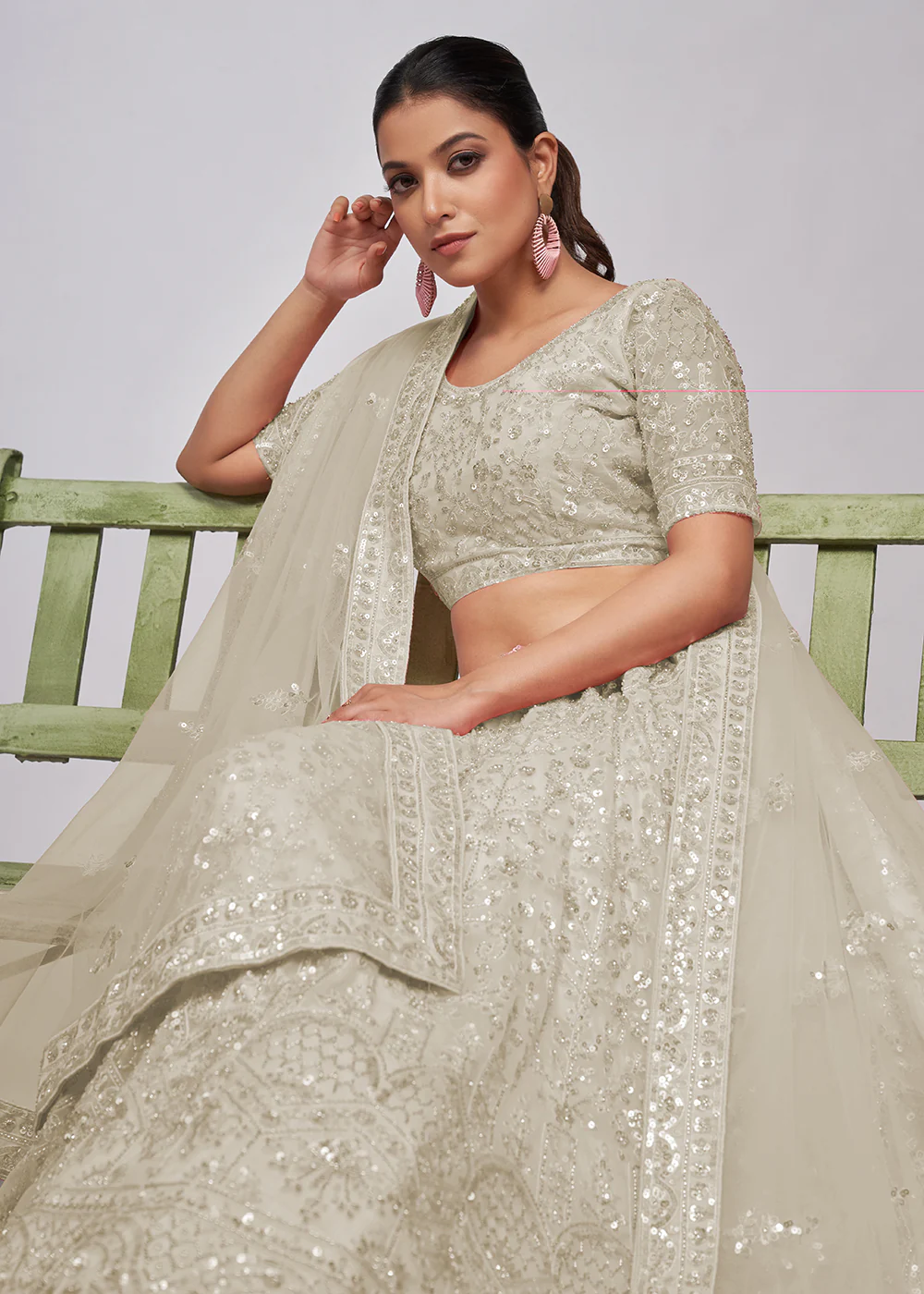 Designer Ivory White Floral Embroidered Bridal Lehenga Choli - Image 2