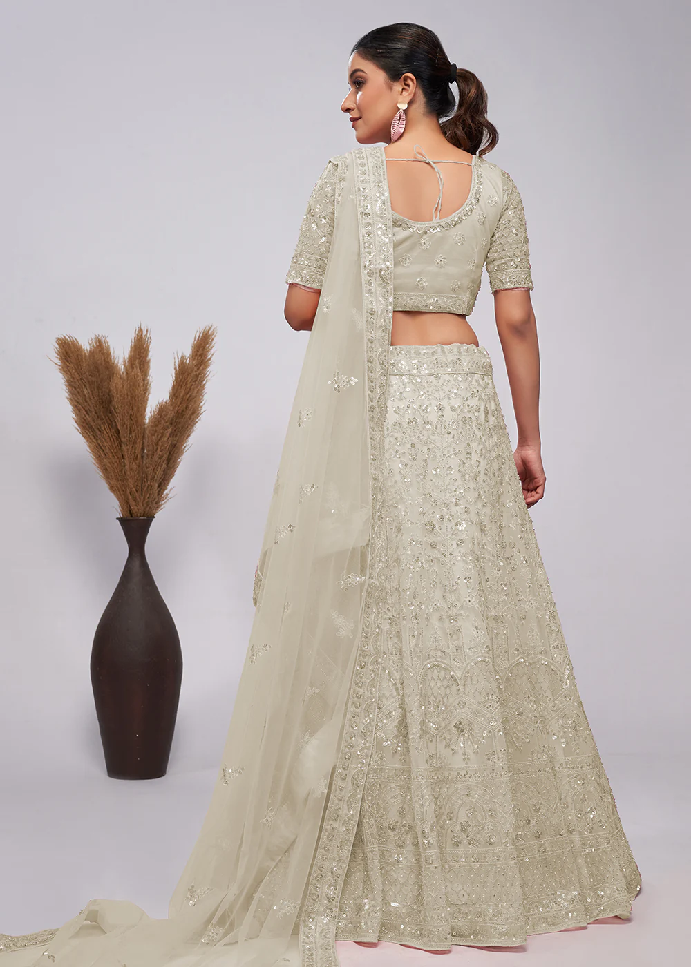 Designer Ivory White Floral Embroidered Bridal Lehenga Choli - Image 3