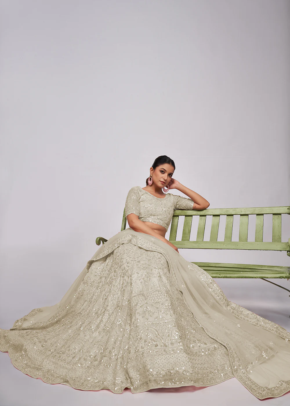 Designer Ivory White Floral Embroidered Bridal Lehenga Choli - Image 4