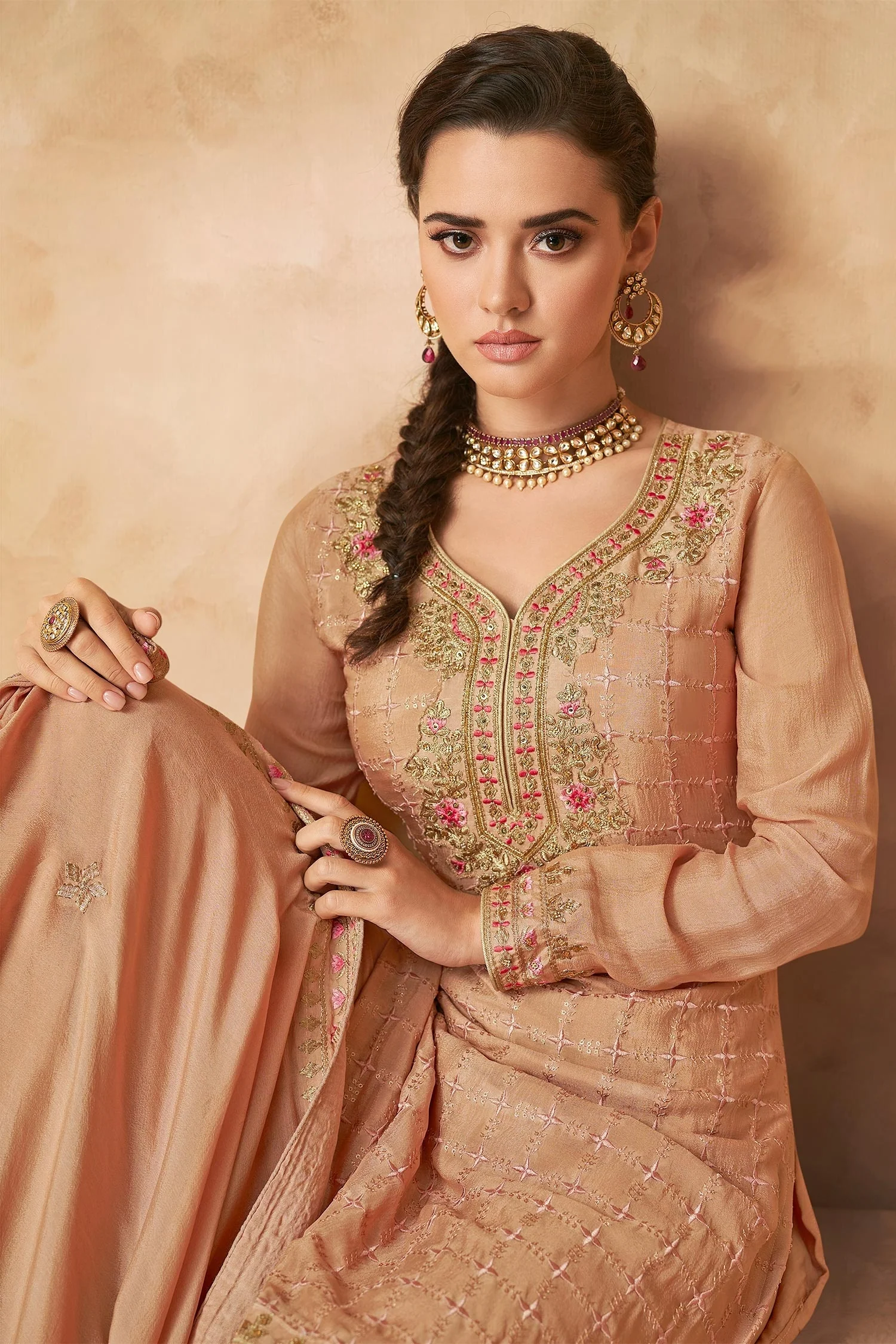 Designer Light Peach Georgette Embroidered Sharara Outfit - Image 3