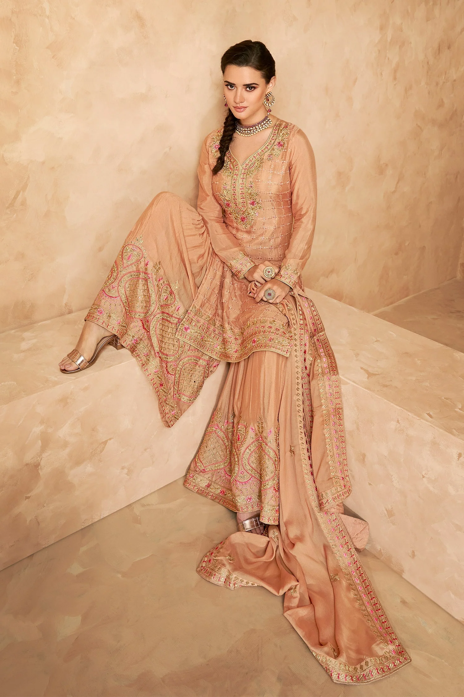 Designer Light Peach Georgette Embroidered Sharara Outfit - Image 4