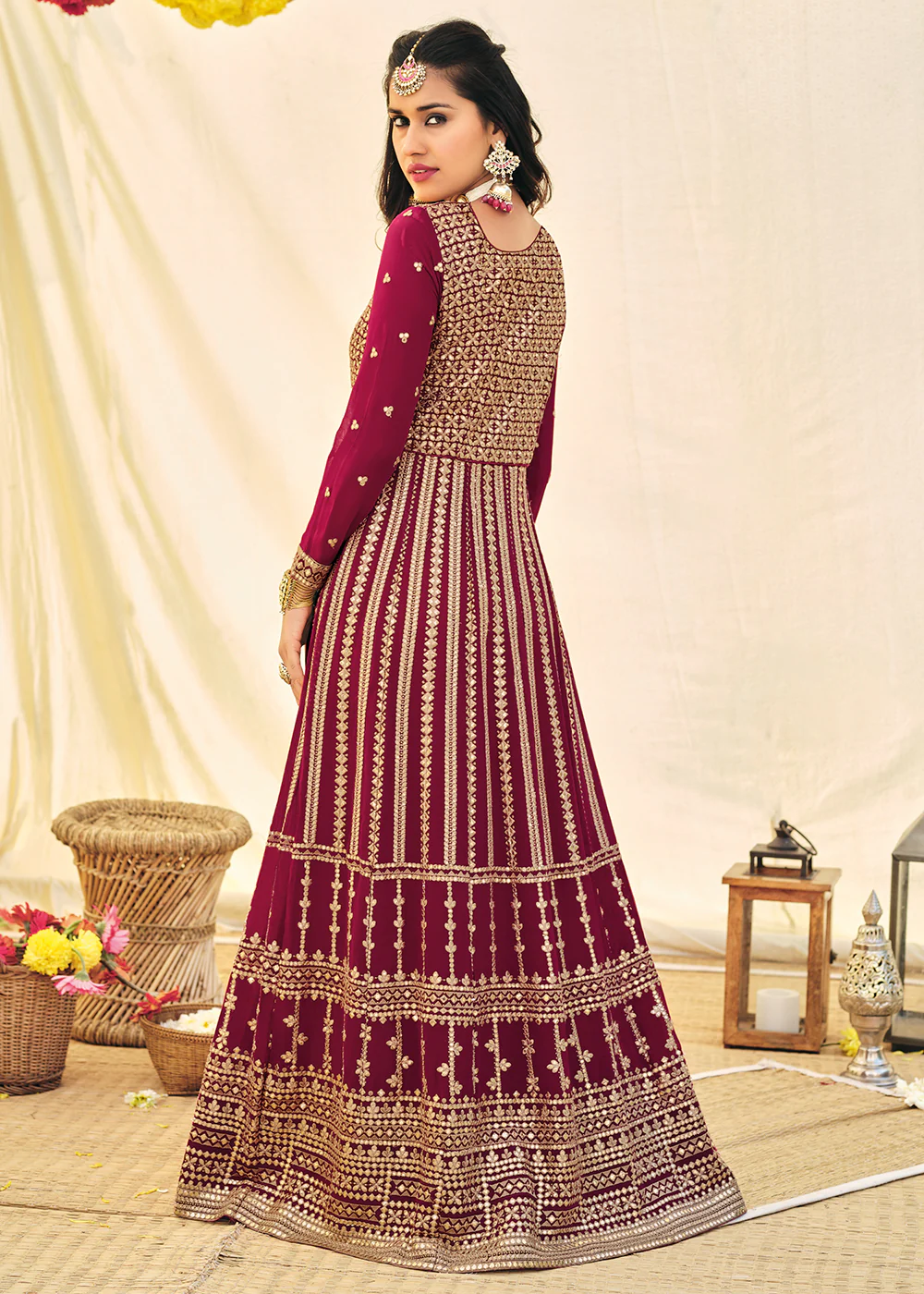 Designer Magenta Embroidered Georgette Anarkali Suit - Image 4