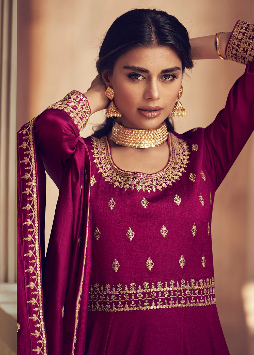 Designer Magenta Pink Silk Floor Length Anarkali Suit - Image 2