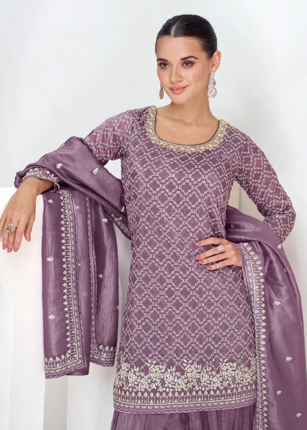 Designer Mauve Embroidered Festive Sharara Suit - Image 2