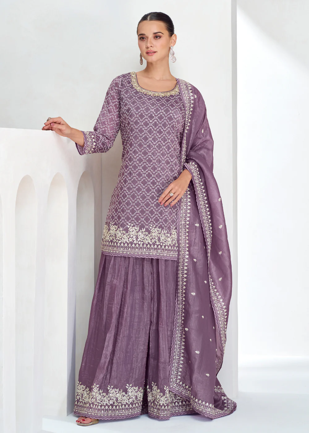 Designer Mauve Embroidered Festive Sharara Suit - Image 3