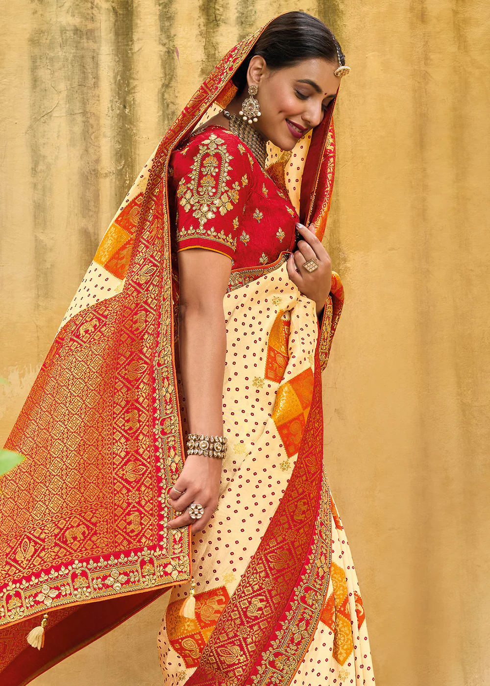 Designer Multicolor Beige & Red Silk Wedding Wear Saree - Image 2