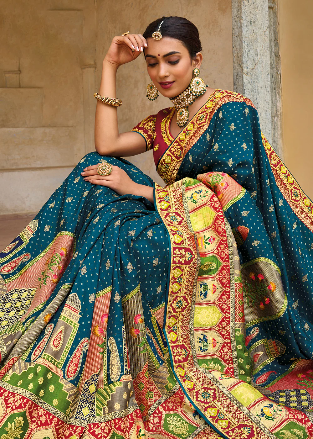 Designer Multicolor Blue & Red Silk Wedding Wear Saree - Image 2