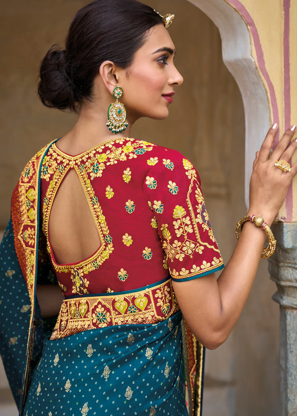 Designer Multicolor Blue & Red Silk Wedding Wear Saree - Image 3