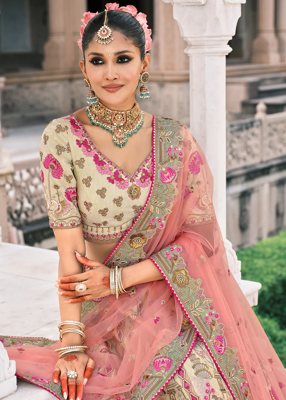 Designer Multicolor Bridal Silk Lehenga Choli - Image 2