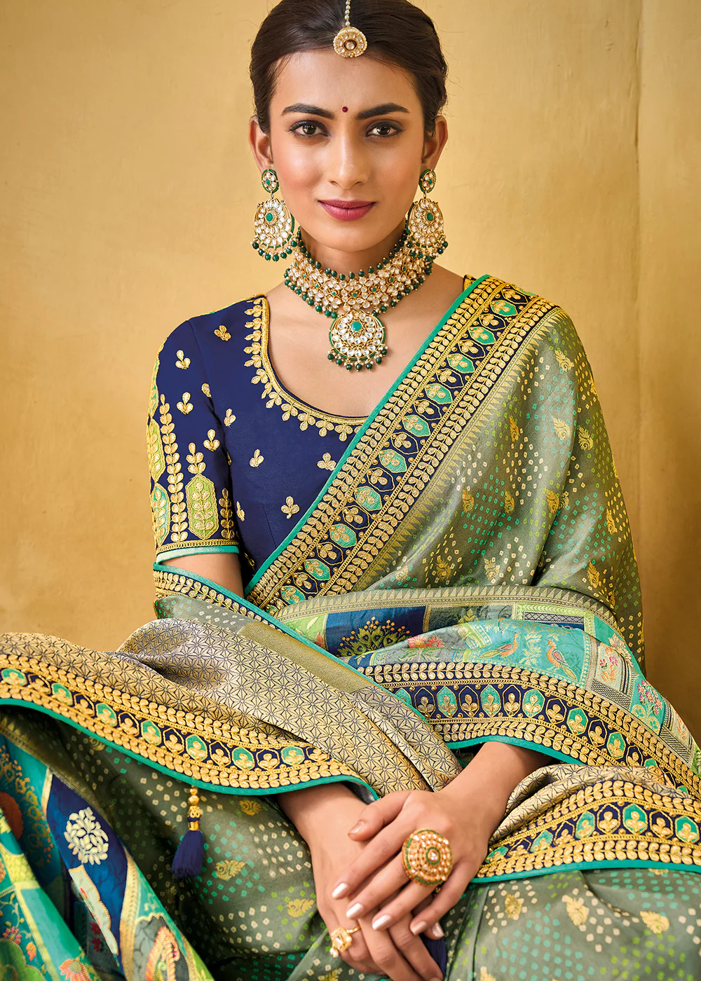 Designer Multicolor Green & Blue Silk Wedding Wear Saree - Image 2