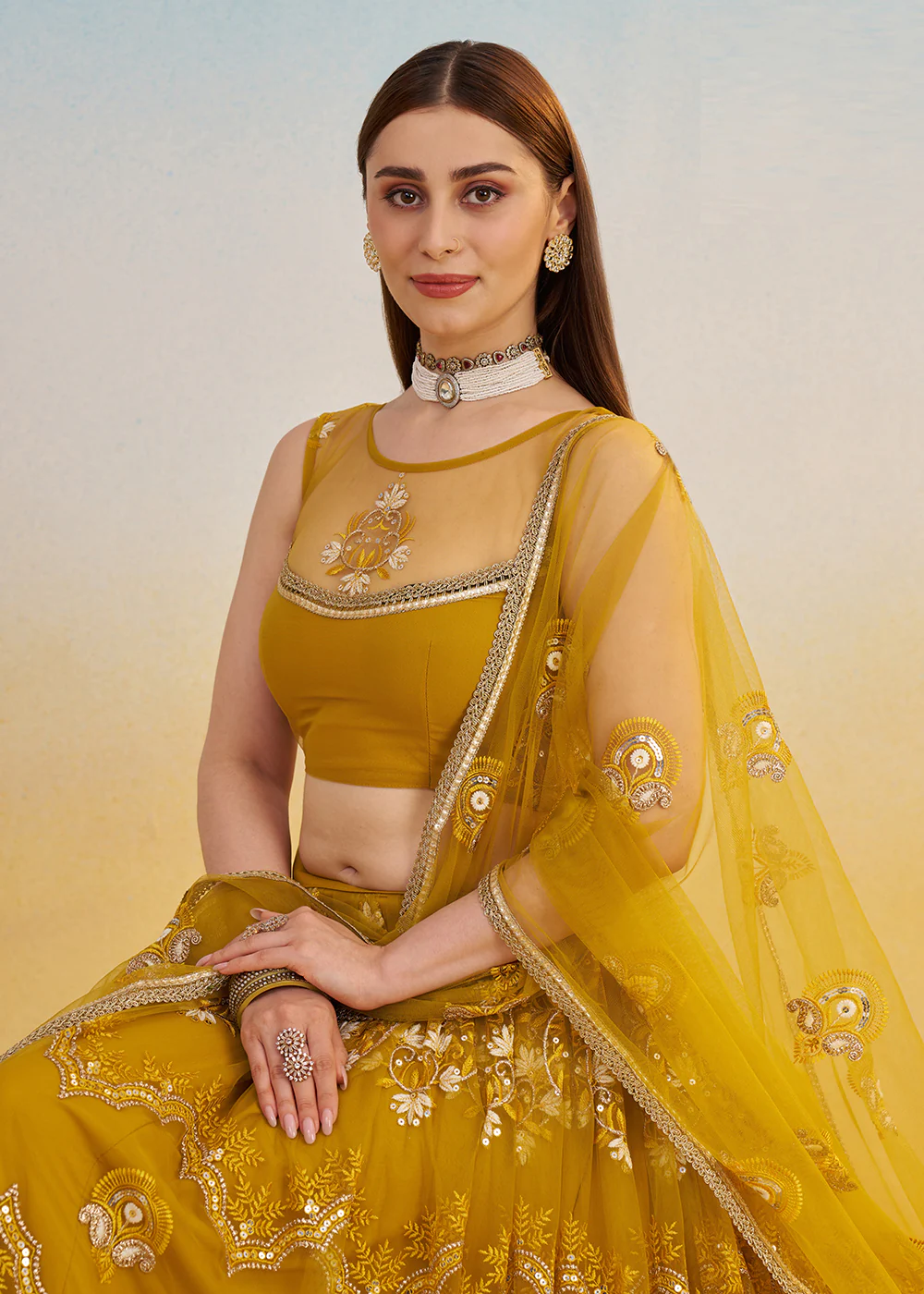 Designer Mustard Embroidered Wedding Party Lehenga Choli - Image 2