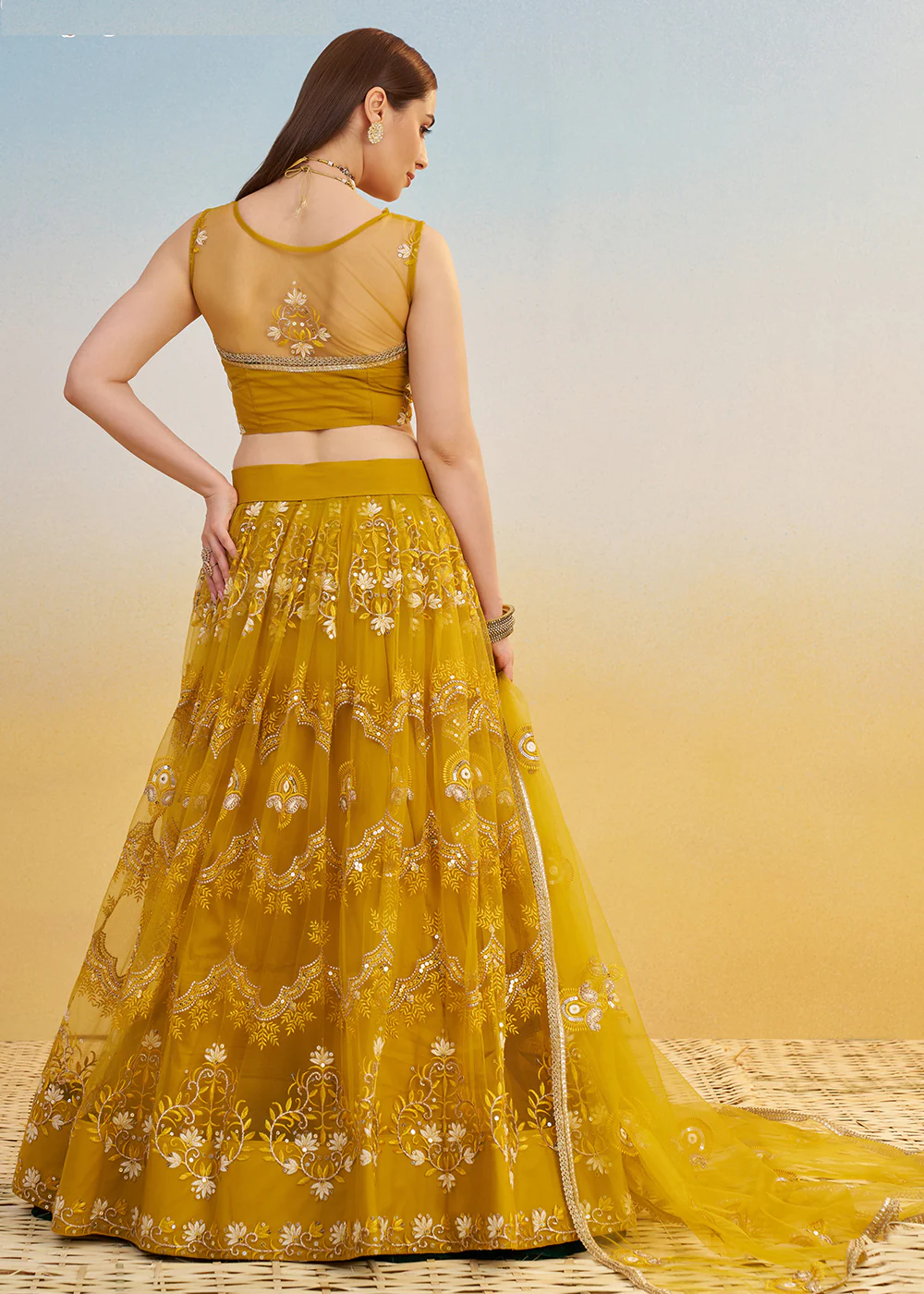 Designer Mustard Embroidered Wedding Party Lehenga Choli - Image 3