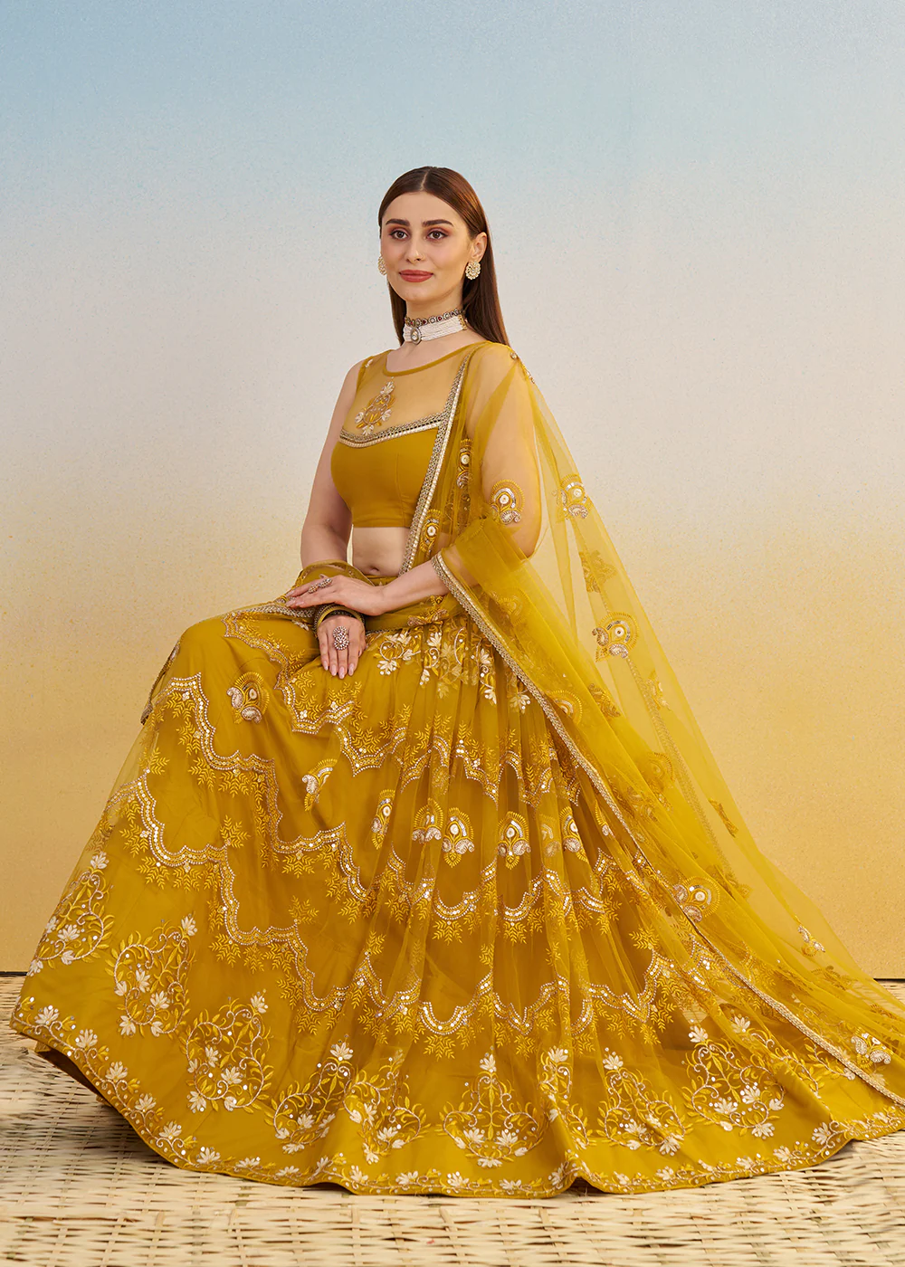 Designer Mustard Embroidered Wedding Party Lehenga Choli - Image 4