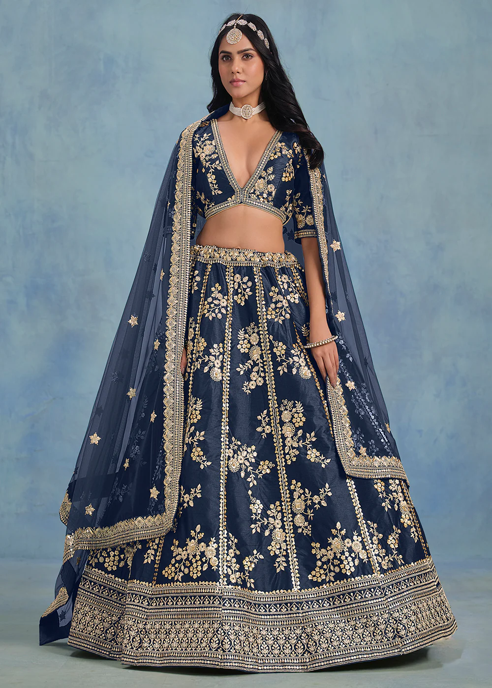 Designer Navy Blue Art Silk Wedding Lehenga Choli