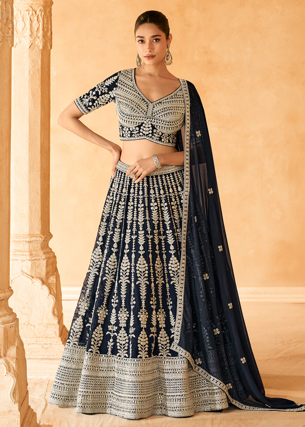 Designer Navy Blue Embroidered Bridesmaids Lehenga Choli