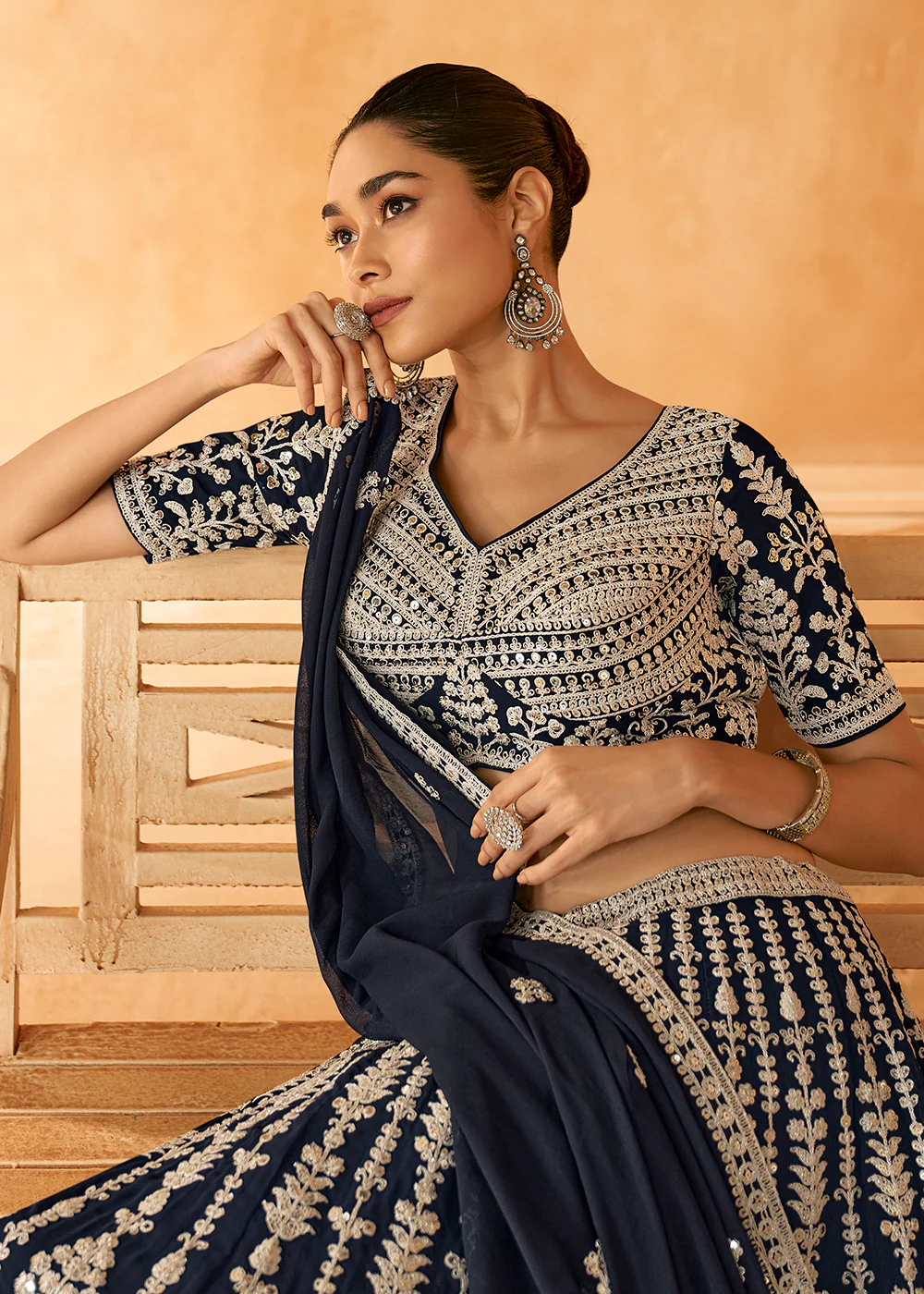 Designer Navy Blue Embroidered Bridesmaids Lehenga Choli - Image 3