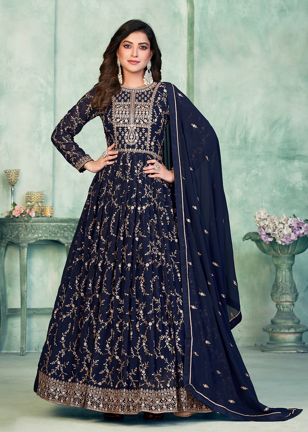 Designer Navy Blue Embroidered Wedding Party Anarkali Suit - Image 3