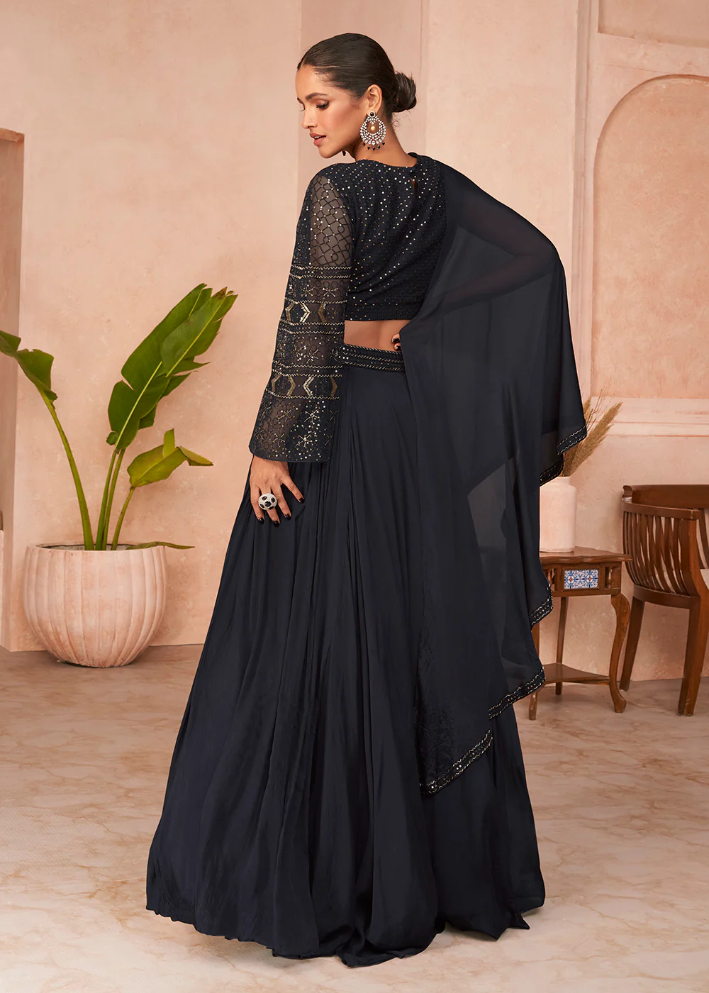 Designer Navy Blue Sequins Embroidered Party Wear Lehenga - Image 3