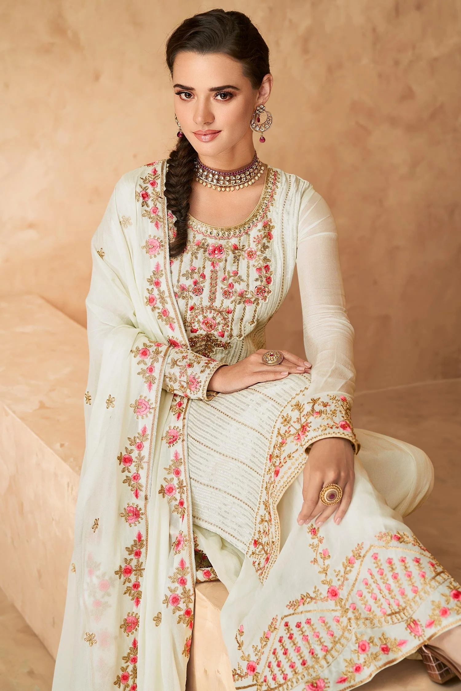 Designer Off White Georgette Embroidered Sharara Outfit - Image 3