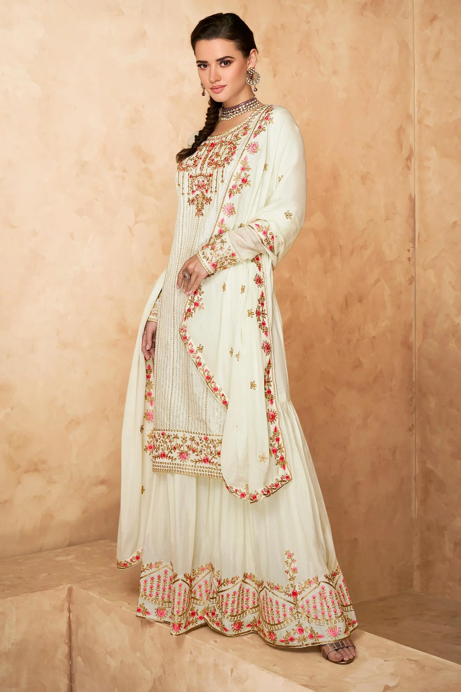 Designer Off White Georgette Embroidered Sharara Outfit - Image 4