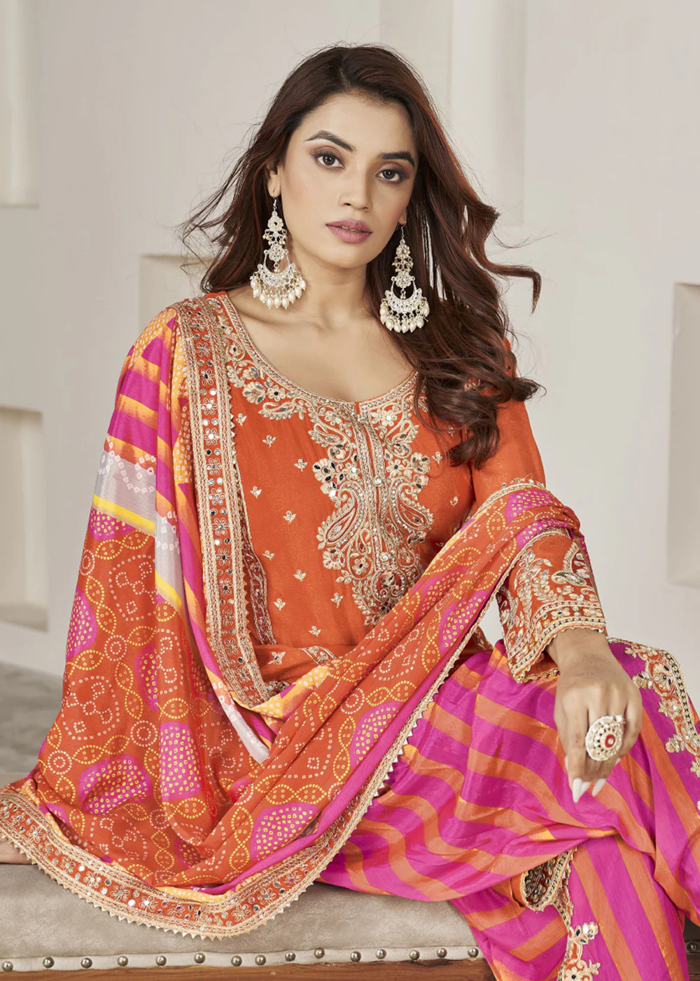 Designer Orange Punjabi Style Dhoti Style Salwar Suit - Image 2