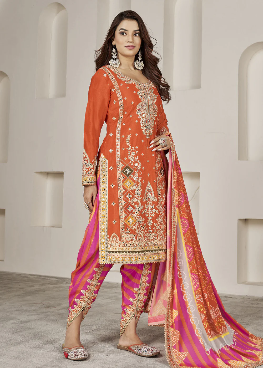 Designer Orange Punjabi Style Dhoti Style Salwar Suit - Image 3