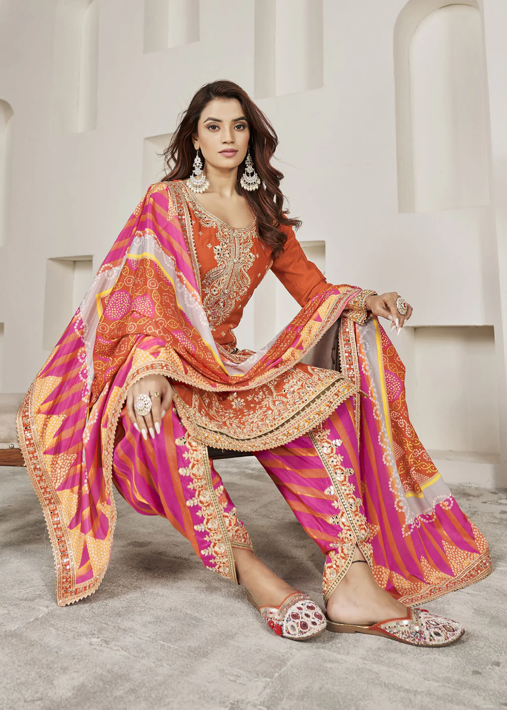 Designer Orange Punjabi Style Dhoti Style Salwar Suit - Image 4