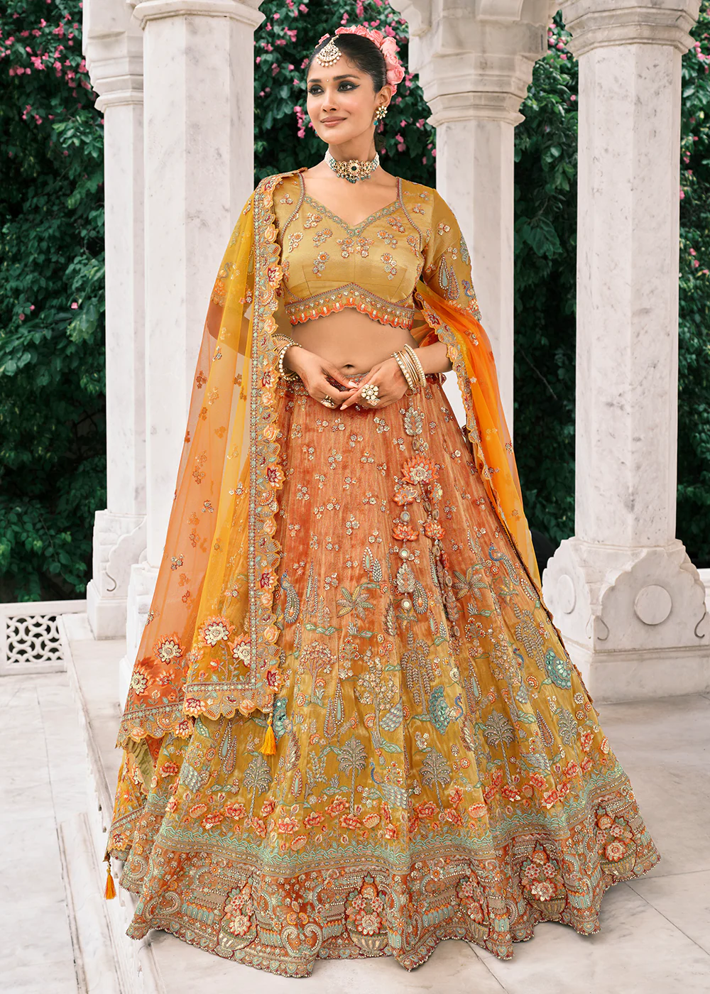 Designer Orange & Yellow Bridal Silk Lehenga Choli