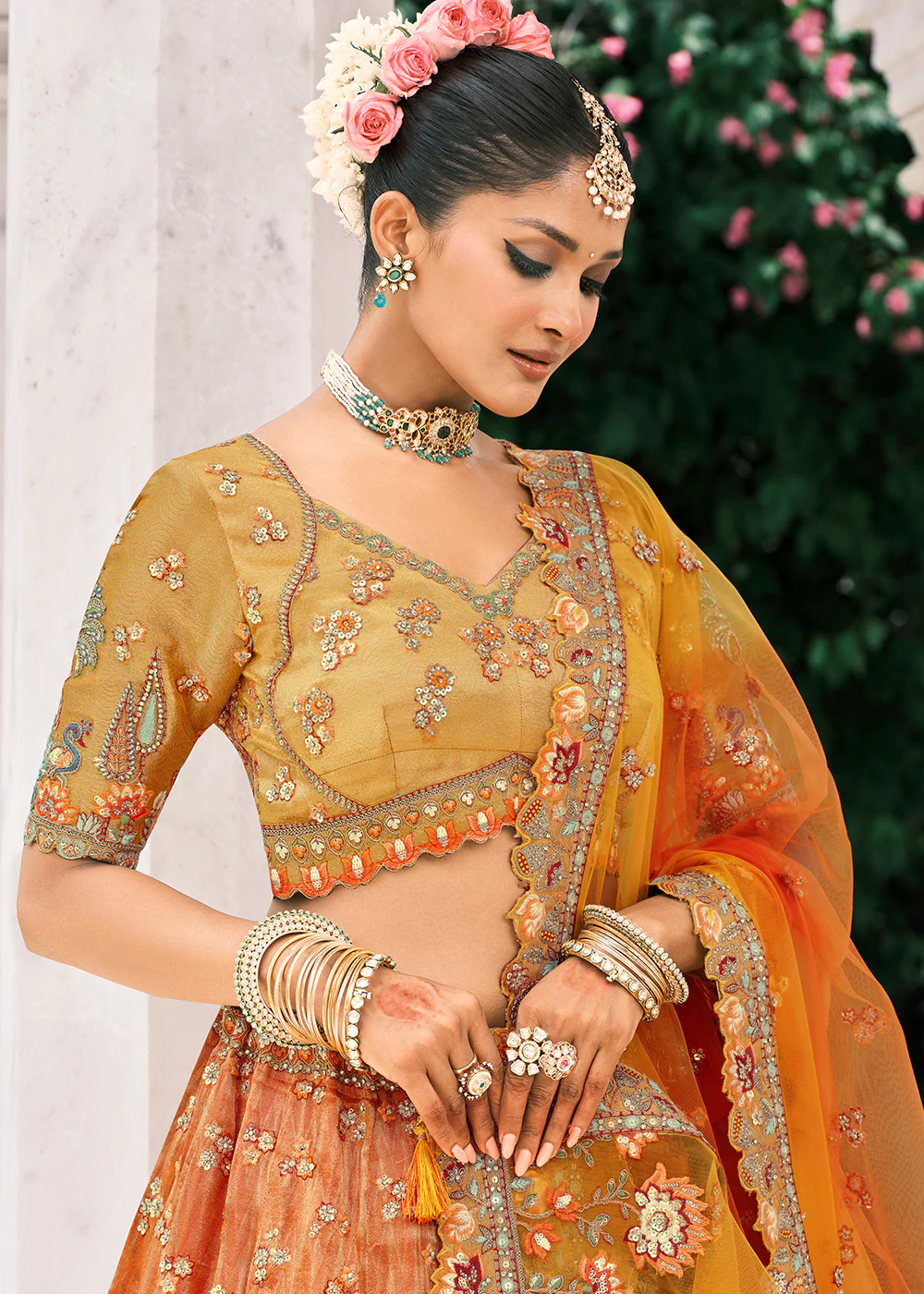 Designer Orange & Yellow Bridal Silk Lehenga Choli - Image 2