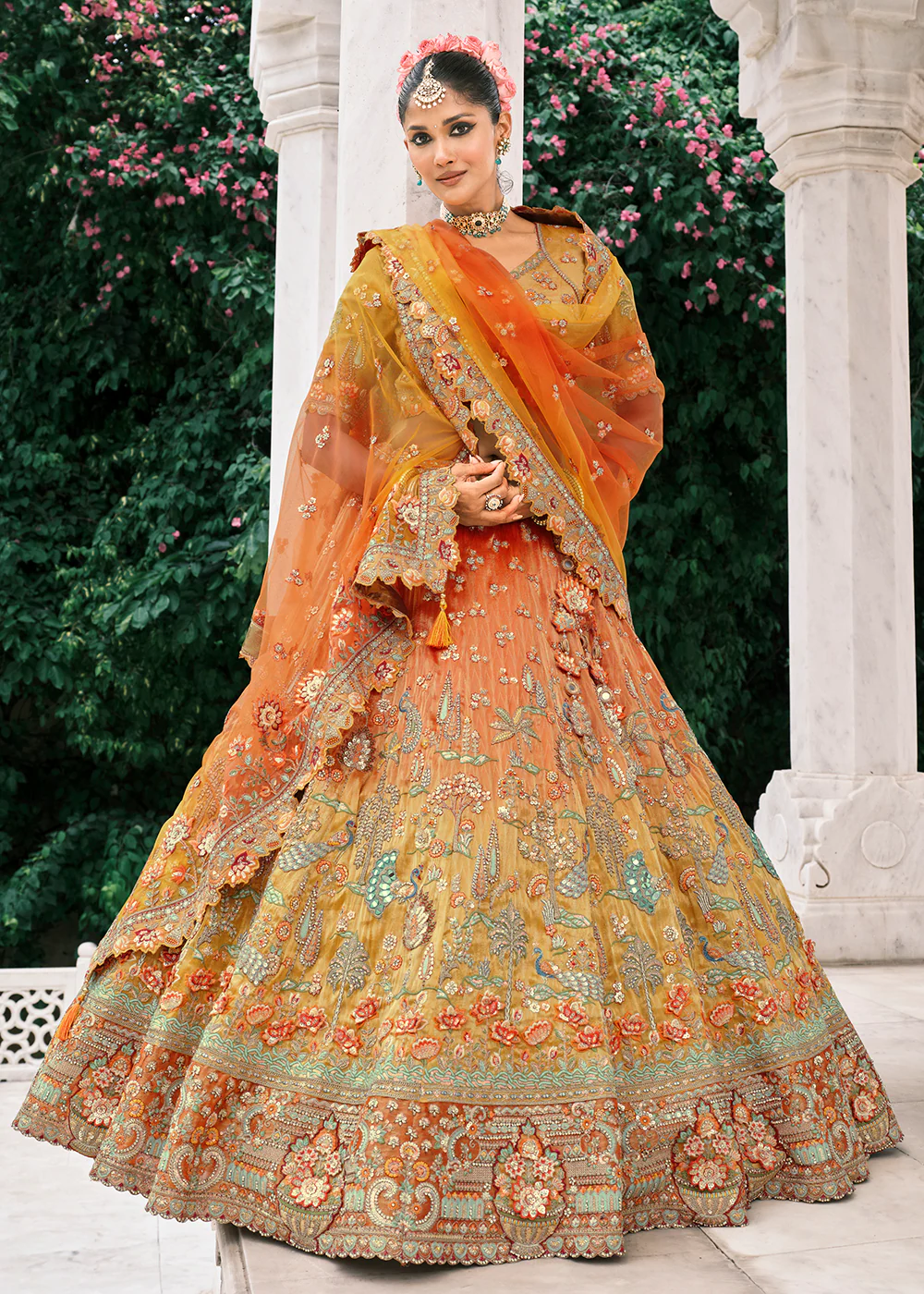 Designer Orange & Yellow Bridal Silk Lehenga Choli - Image 3