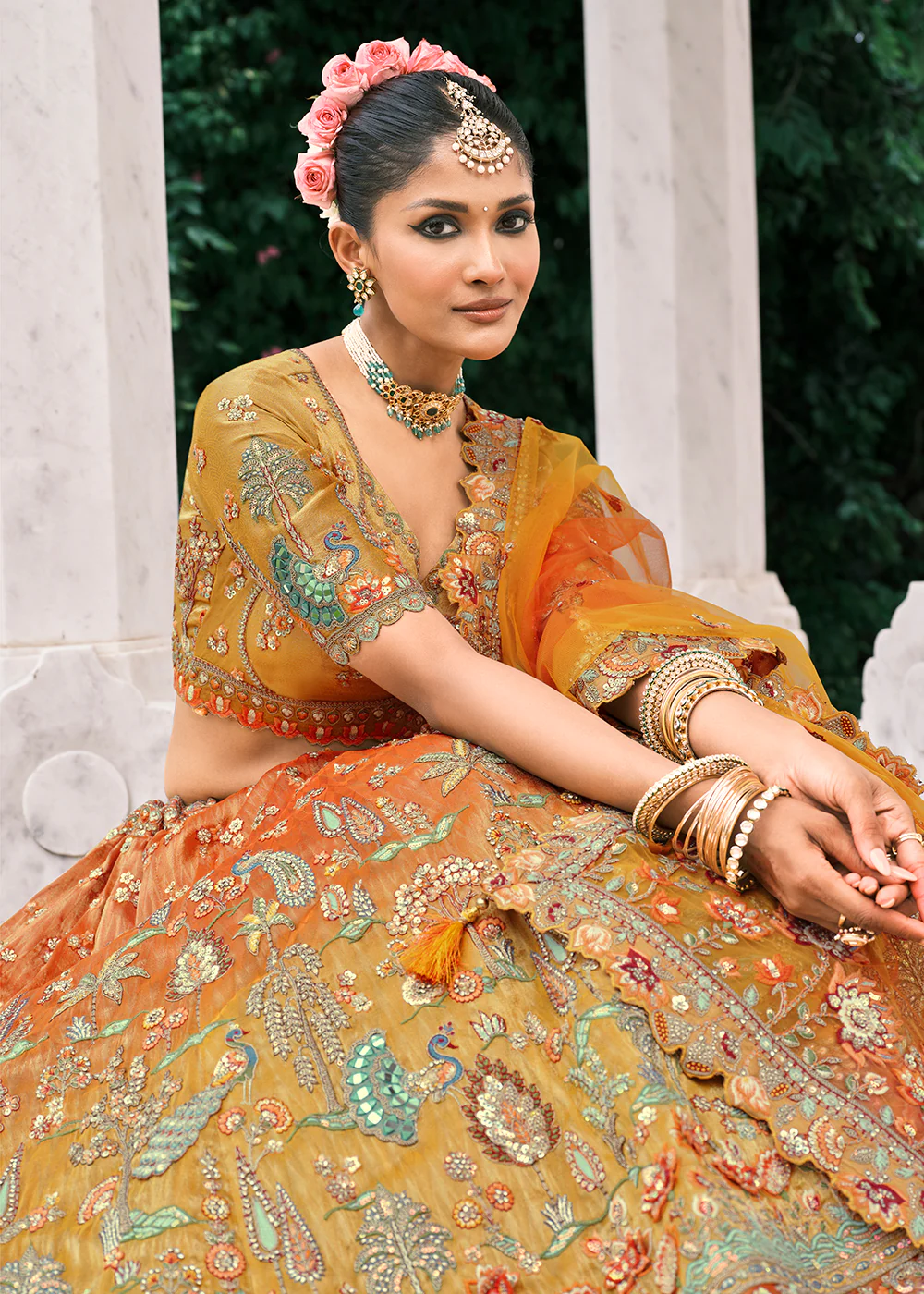 Designer Orange & Yellow Bridal Silk Lehenga Choli - Image 4