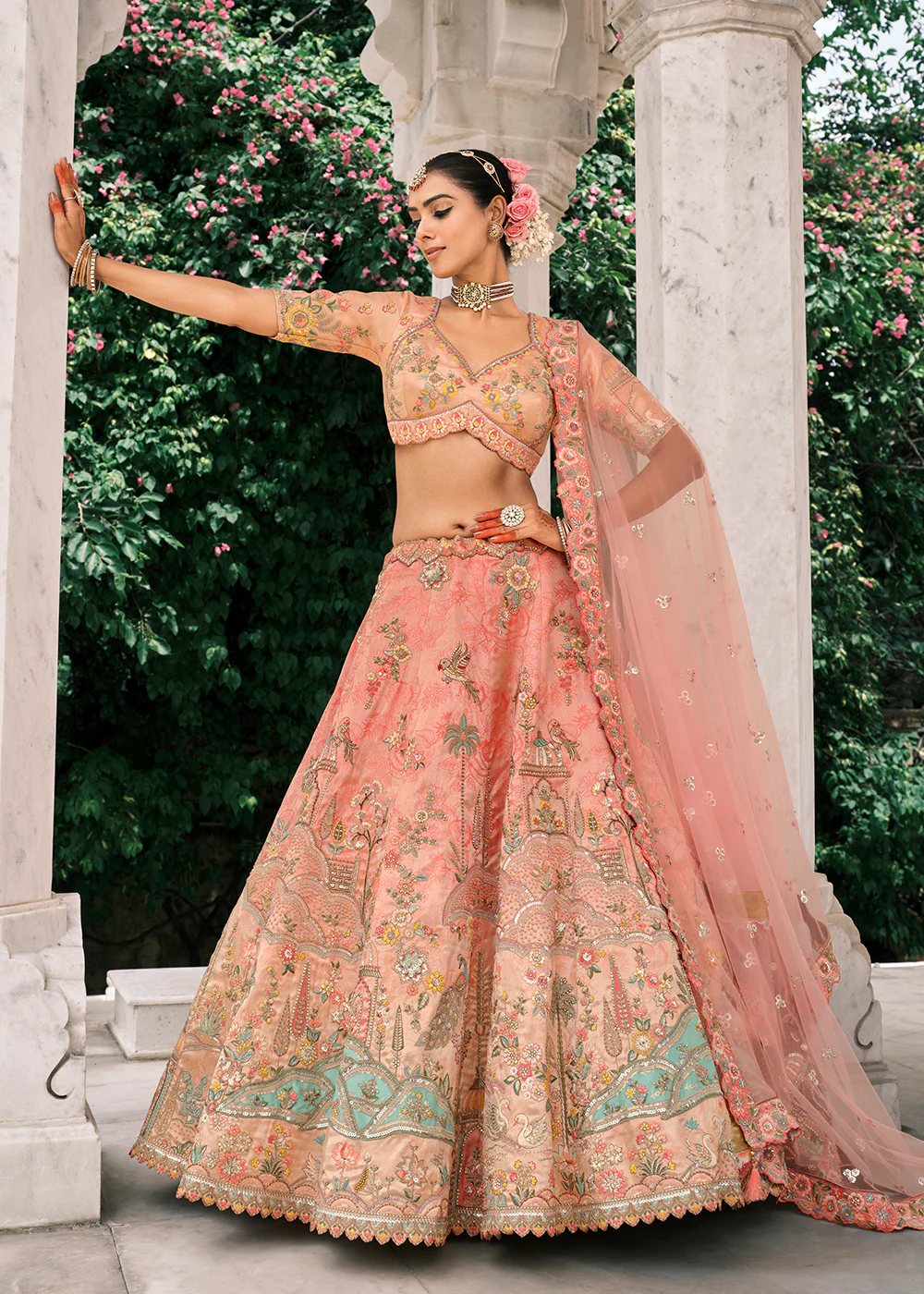Designer Peach Bridal Silk Lehenga Choli - Image 3