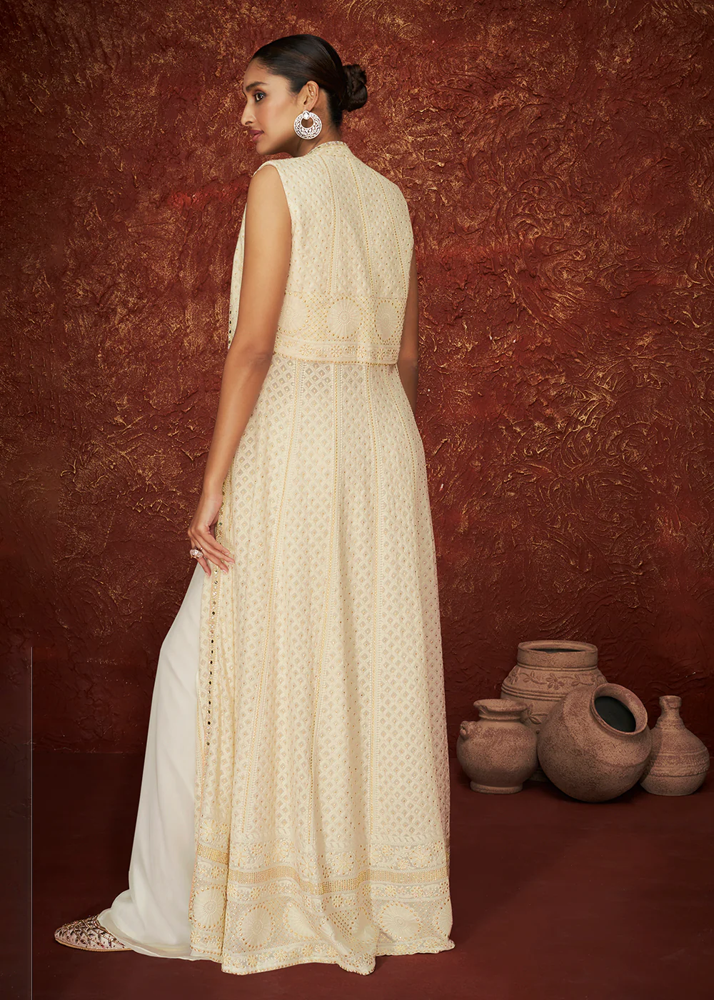 Designer Pearl White Crop Top Wedding Palazzo Suit With Shrug - Image 3