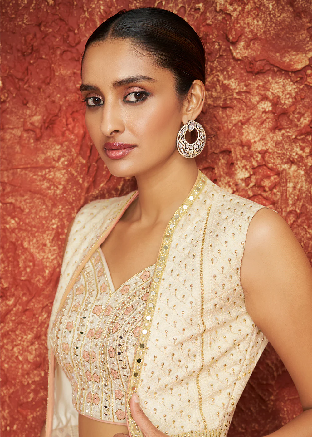 Designer Pearl White Crop Top Wedding Palazzo Suit With Shrug - Image 4