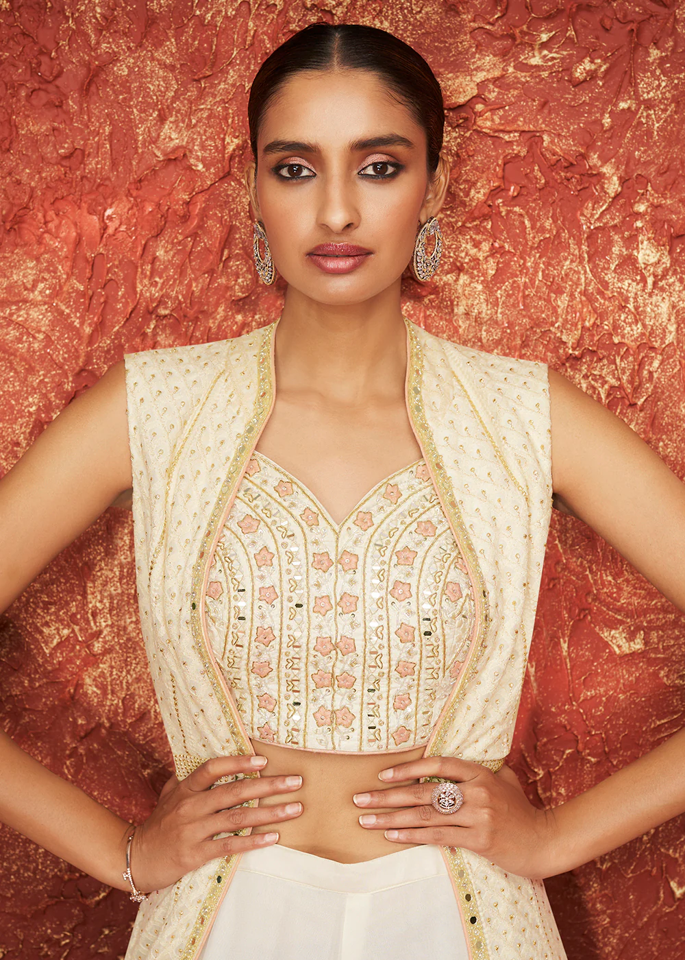 Designer Pearl White Crop Top Wedding Palazzo Suit With Shrug - Image 5