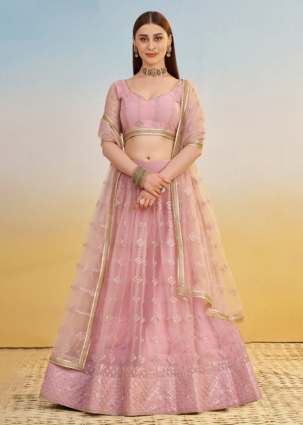 Designer Pink Embroidered Wedding Party Lehenga Choli