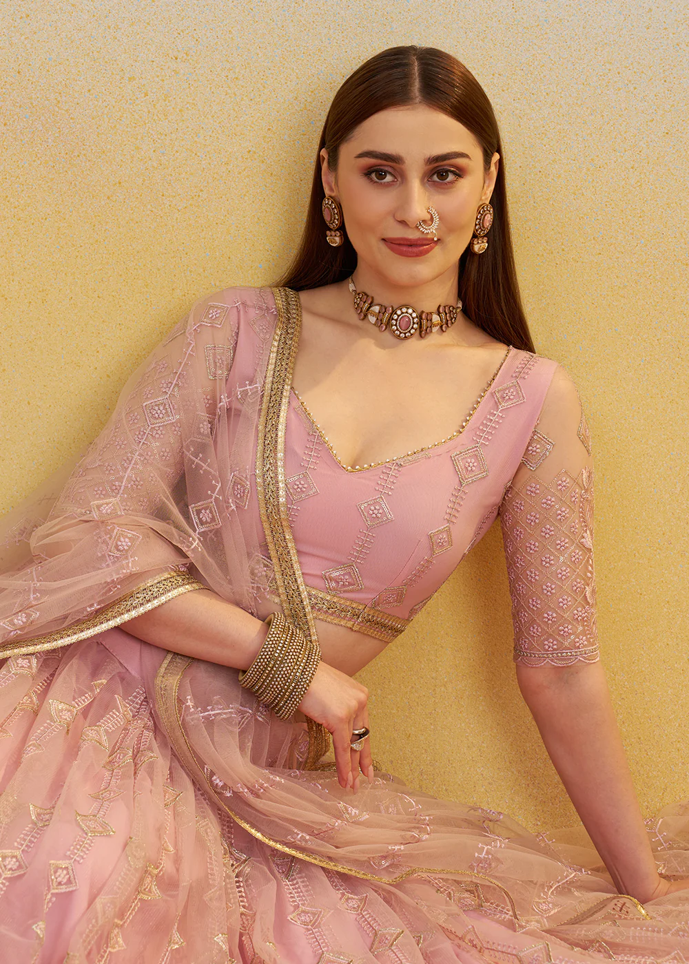 Designer Pink Embroidered Wedding Party Lehenga Choli - Image 2