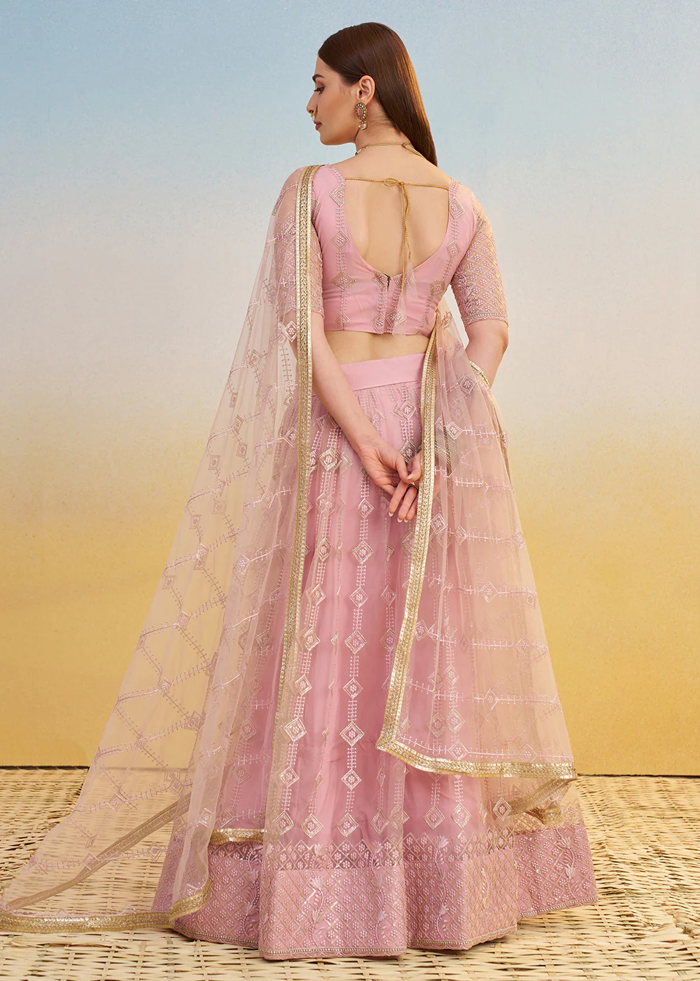 Designer Pink Embroidered Wedding Party Lehenga Choli - Image 3