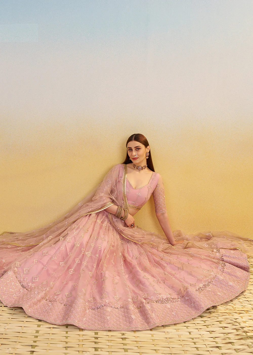 Designer Pink Embroidered Wedding Party Lehenga Choli - Image 4