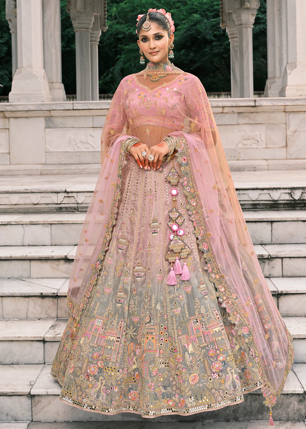 Designer Pink & Grey Bridal Silk Lehenga Choli - Image 3
