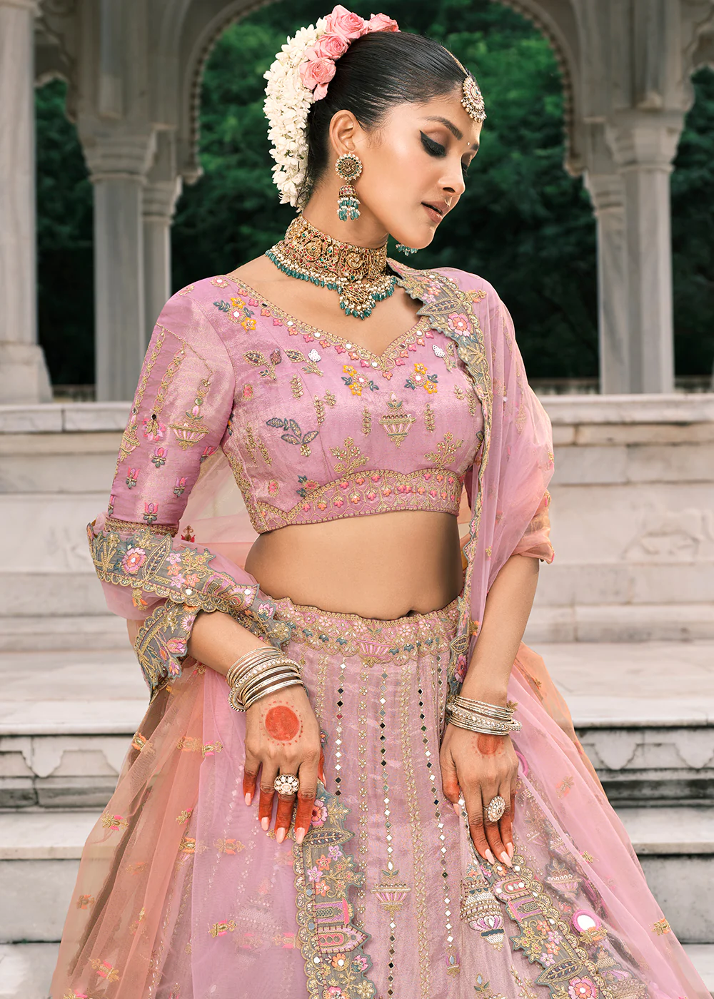 Designer Pink & Grey Bridal Silk Lehenga Choli - Image 4