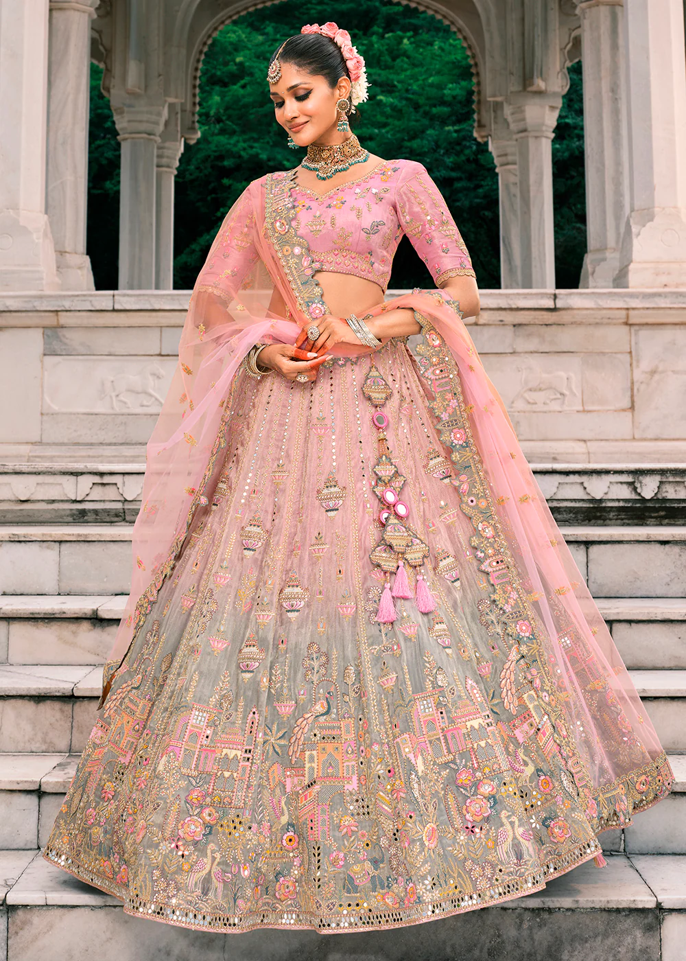 Designer Pink & Grey Bridal Silk Lehenga Choli - Image 5