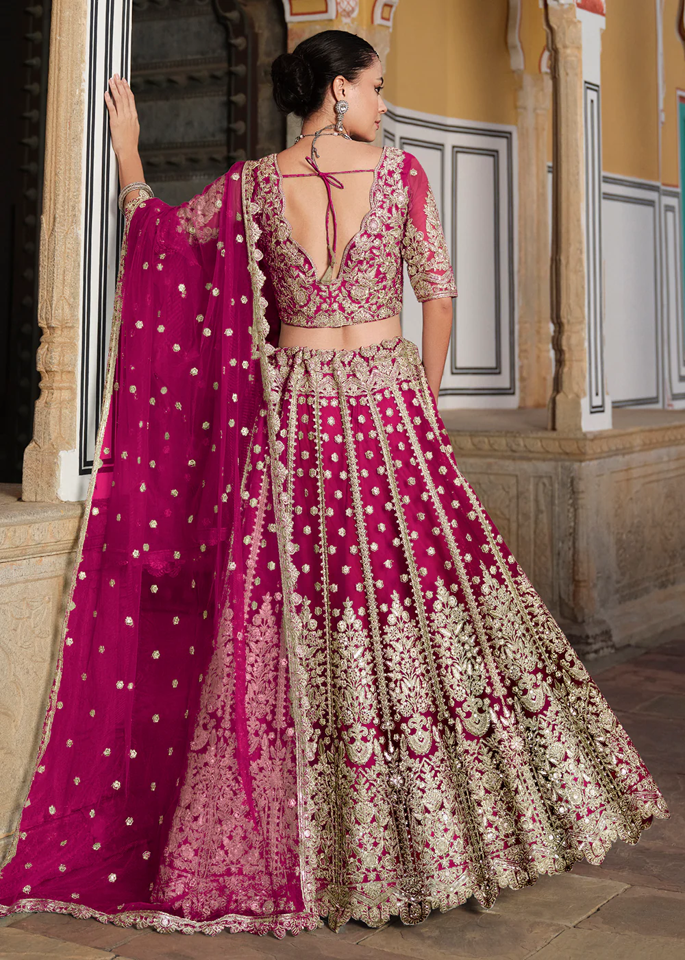 Designer Pink Net Embroidered Wedding Lehenga Choli - Image 3