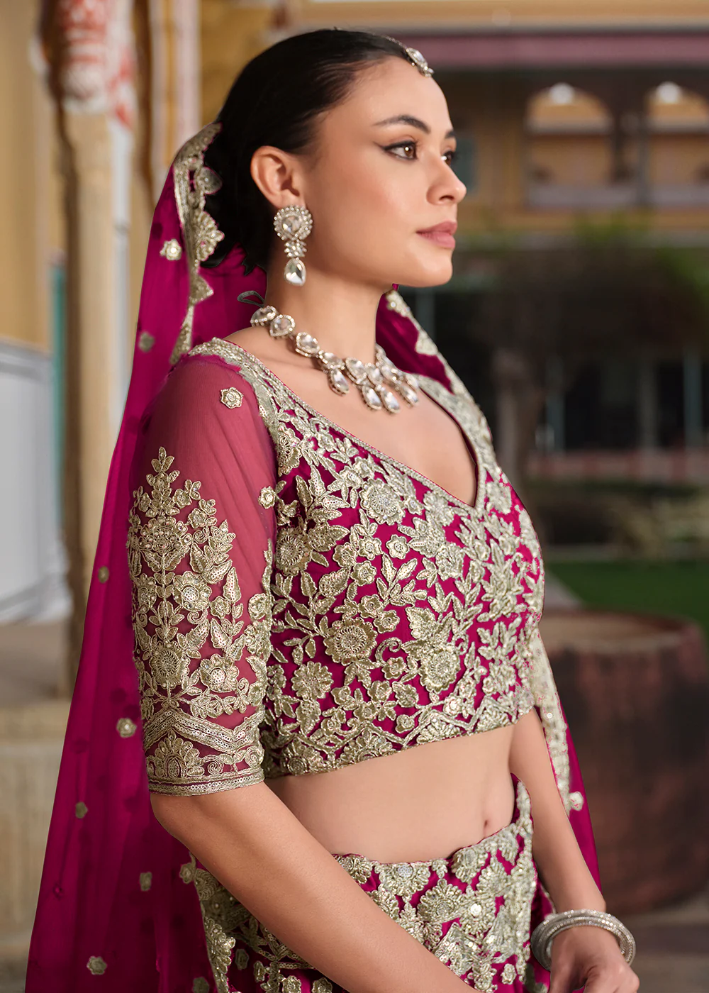 Designer Pink Net Embroidered Wedding Lehenga Choli - Image 4