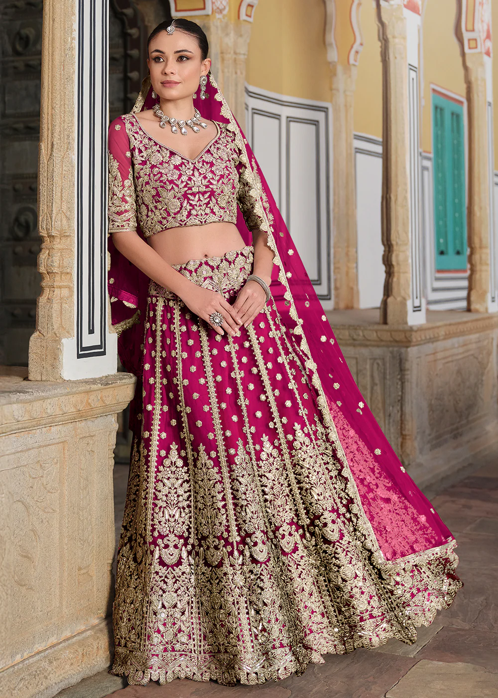 Designer Pink Net Embroidered Wedding Lehenga Choli - Image 5