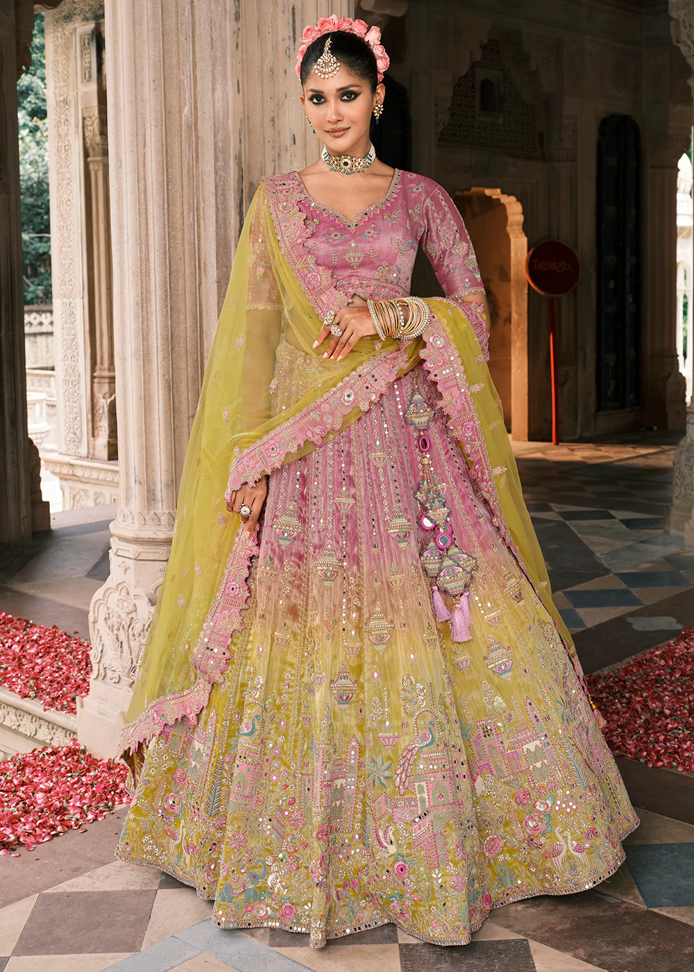 Designer Pink & Yellow Bridal Silk Lehenga Choli
